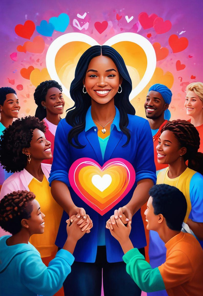 A warm-hearted leader guiding a diverse group of people, surrounded by symbols of love and connection, such as intertwined hearts and hands. The scene radiates positivity and emotional depth, showcasing vibrant colors and uplifting expressions. Include a soft, glowing background that hints at unity and strength in relationships. super-realistic. vibrant colors. soft focus.