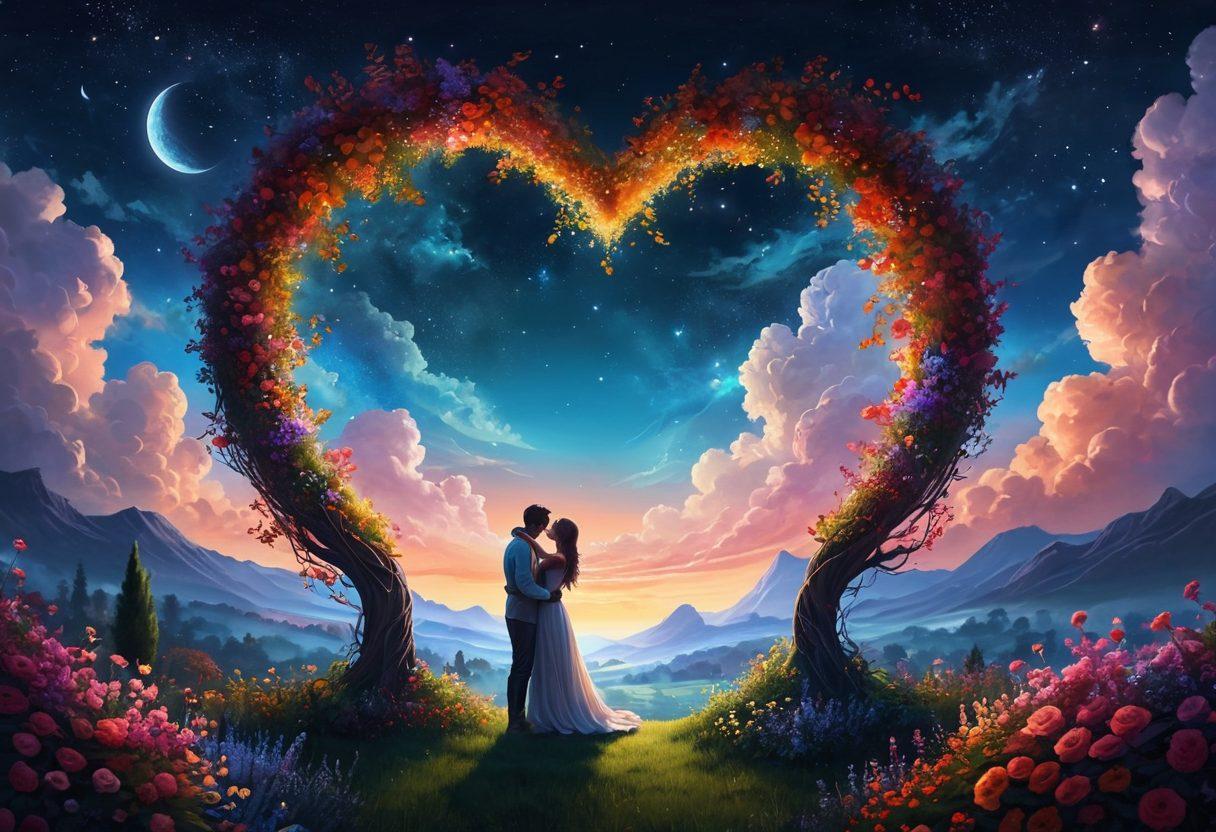 A tender scene depicting two silhouettes embracing under a starlit sky, symbolizing deep emotional connections. Surround them with swirling heart-shaped clouds and soft glowing orbs to enhance the romantic atmosphere. Include a garden of colorful flowers symbolizing growth and love. The moon should cast a gentle light, creating a serene and intimate ambiance. super-realistic. vibrant colors. dreamy background.