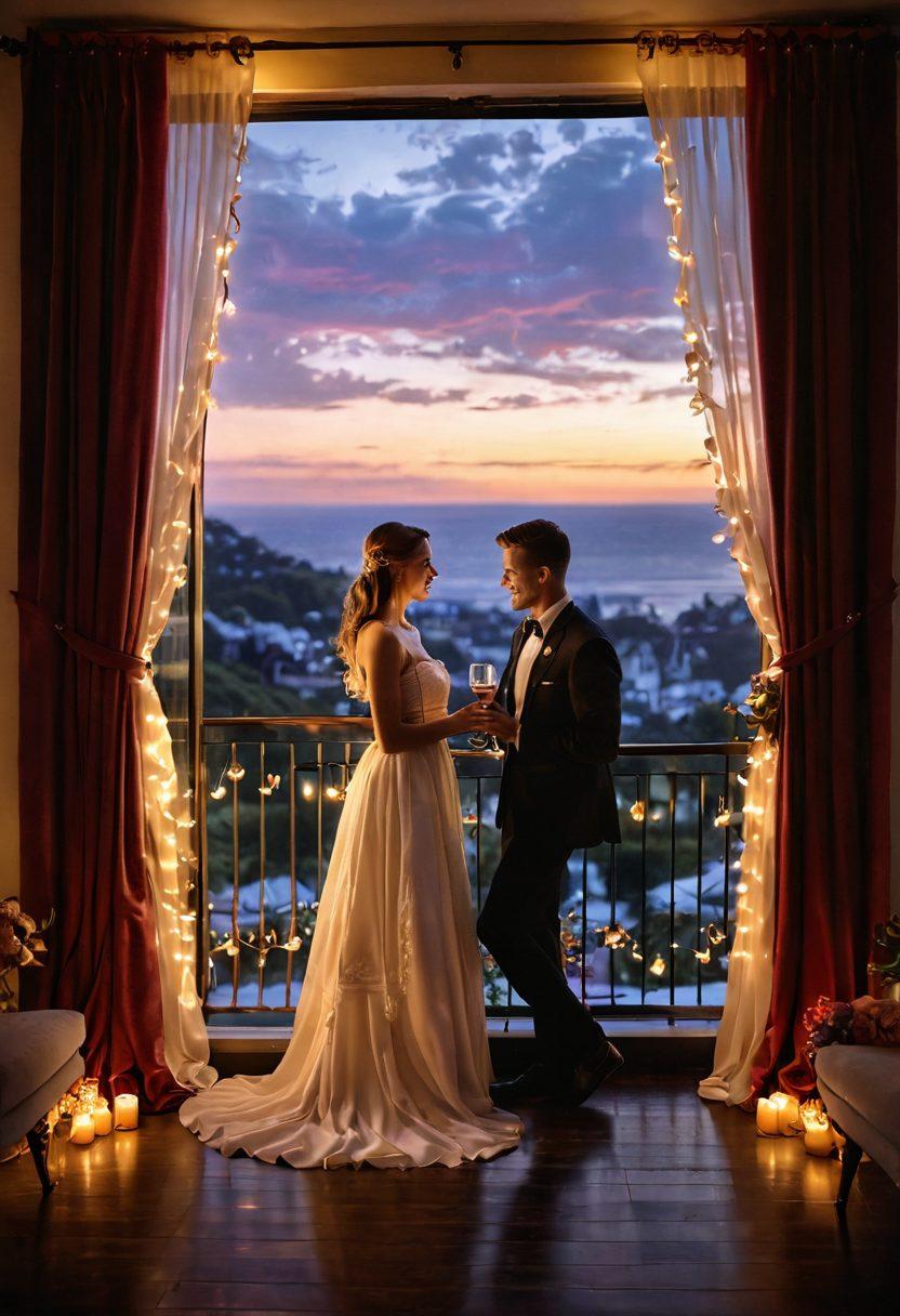 A serene sunset overlooking a luxurious, romantic balcony decorated with rich velvet curtains and twinkling fairy lights. In the foreground, a couple embraces with radiant smiles, symbolizing deep affection and connection. Whimsical hearts gently float around them, infusing the scene with love and warmth. Soft floral arrangements and fine wine glasses add elegance to the setting. dreamy, romantic, soft focus, vibrant colors, ethereal lighting.